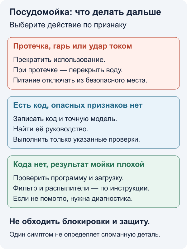 Выбор действия при неисправности посудомойки: опасные признаки, код ошибки или внешние проверки по инструкции