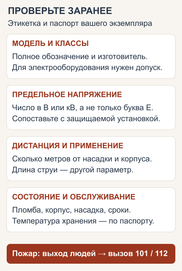 Проверка маркировки огнетушителя: модель, класс пожара, напряжение, дистанция и состояние