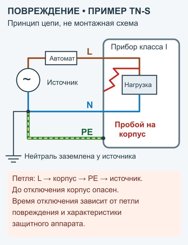 Повреждение в TN-S: соединение фазы с корпусом создаёт петлю через PE к источнику; отключение зависит от защиты