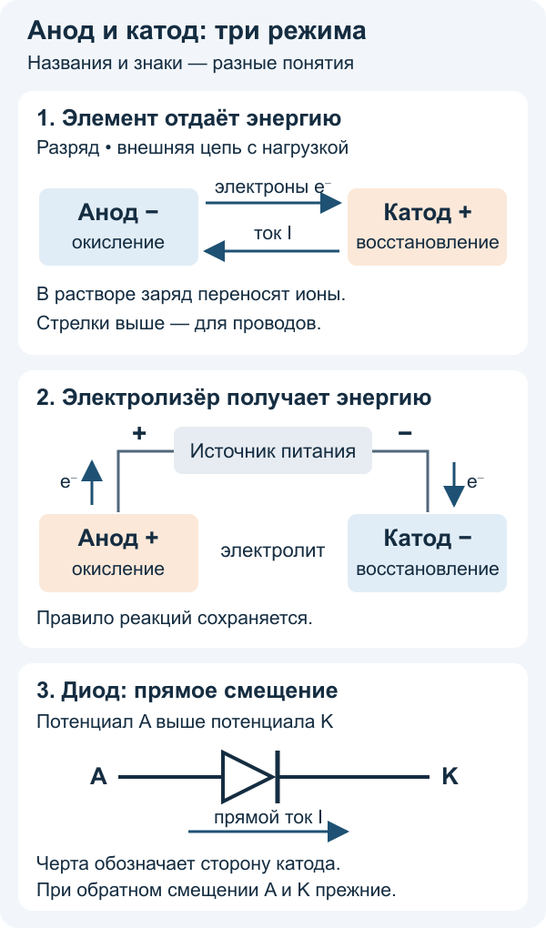 Анод и катод у разряжающегося элемента, электролизёра и диода: полярность и направления тока