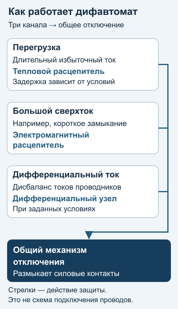 Три канала дифавтомата: перегрузка, большой сверхток и дифференциальный ток запускают общий механизм отключения