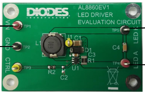 Заводское изображение AL8860EV1: слева VIN, GND и CTRL, справа LED K и LED A; на плате обозначены L1, D1, R1 и U1.