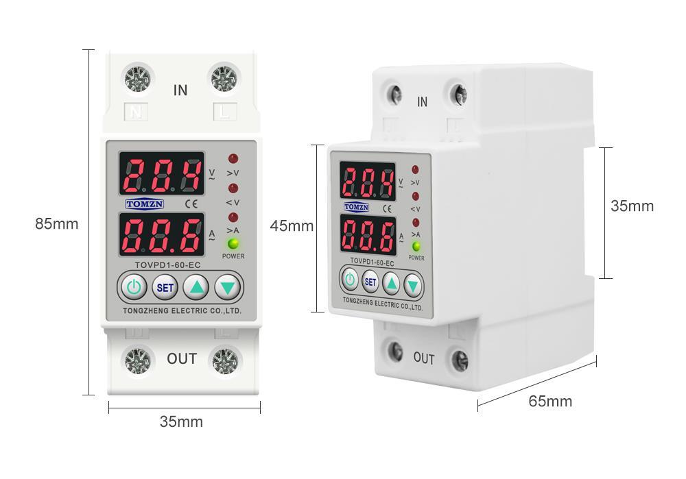 Изображение TOVPD1-60-EC из документа: фронтальный и боковой виды, две строки дисплея, индикаторы справа, четыре кнопки. На рисунке также напечатаны размеры, применимость которых к экземпляру не подтверждена.