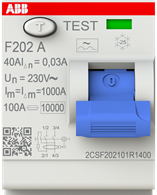 Точный фрагмент F202 A: 40 A, номинальный дифференциальный ток 0,03 A и TEST