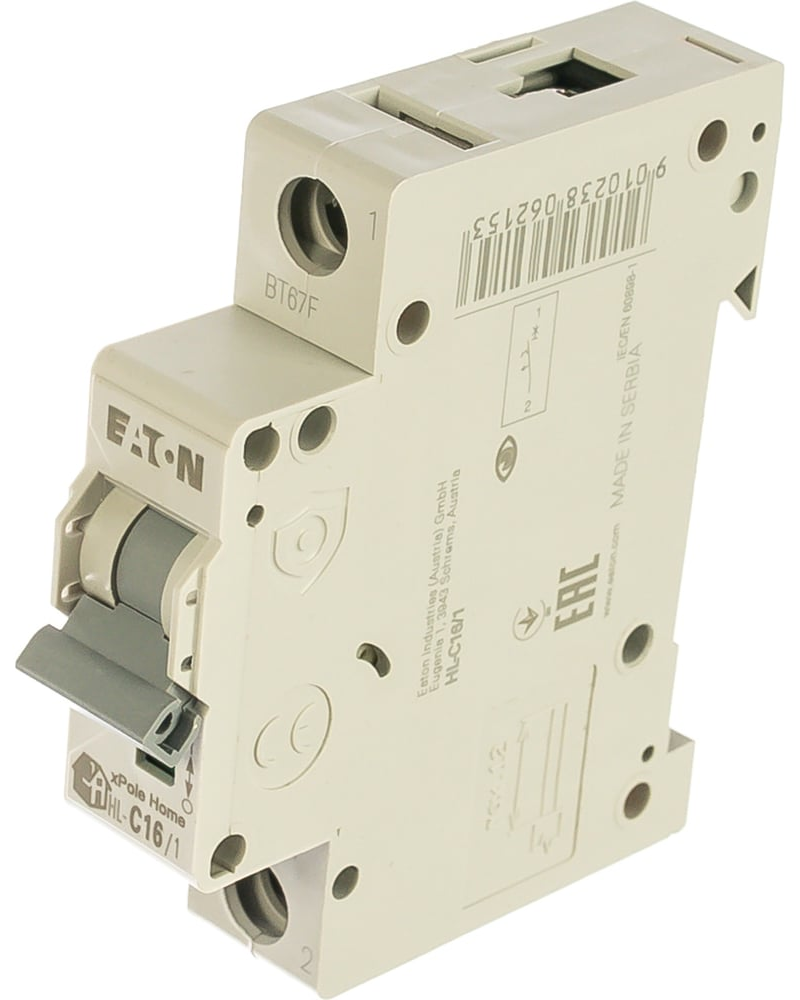 Товарное изображение Eaton HL-C16/1: один модуль, передняя панель, боковое обозначение и схема одного полюса